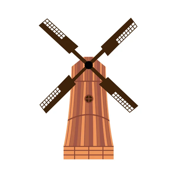 Oude windmolen geïsoleerd op witte achtergrond - houten windmolen — Stockvector