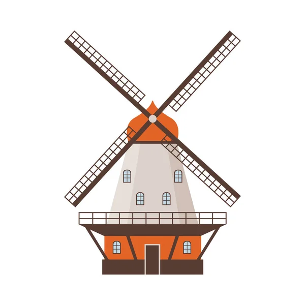 Moulin à vent traditionnel agricole avec illustration vectorielle plate à grande hélice isolé. — Image vectorielle