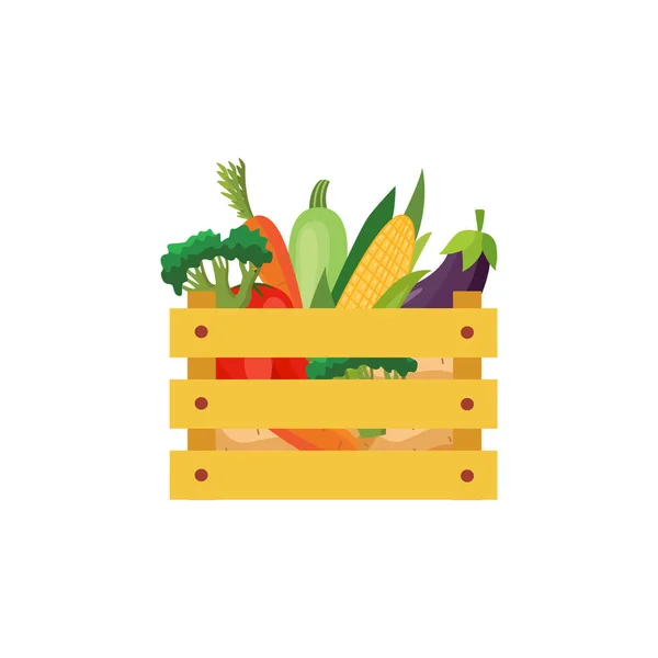 Caja de madera con verduras frescas e ilustración de vectores planos de frutas aisladas. — Vector de stock