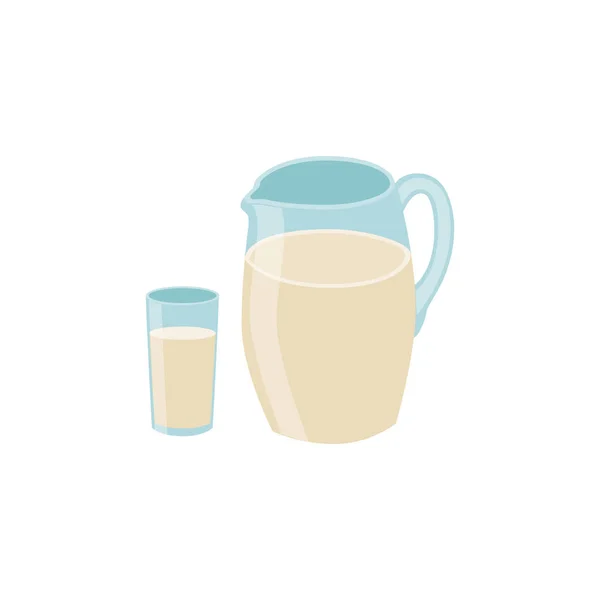Krug und Glas mit frischer Bauernmilch, Milchproduktion eine flache Vektorillustration. — Stockvektor