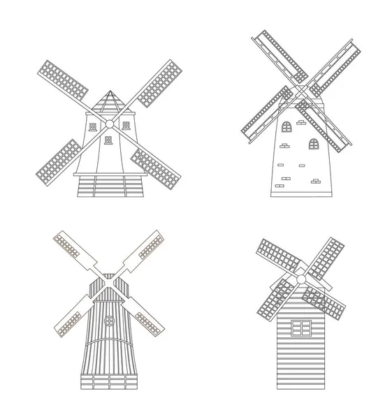Windmill line art set - isolated wind energy mill collection — Stock Vector