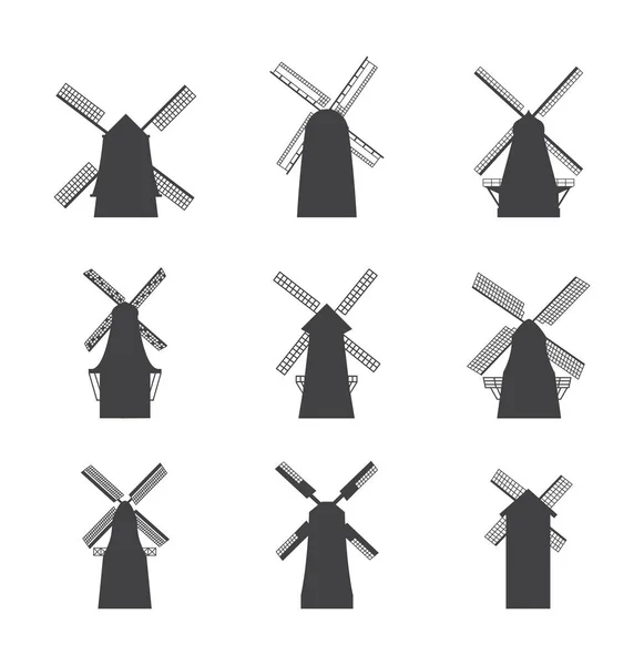 Conjunto de ícones de silhueta de moinho de vento preto - coleção de edifícios de moinho de vento plano —  Vetores de Stock