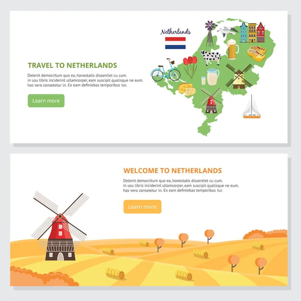Holanda conjunto banner site de viagens - símbolos da cidade de Amsterdã —  Vetores de Stock