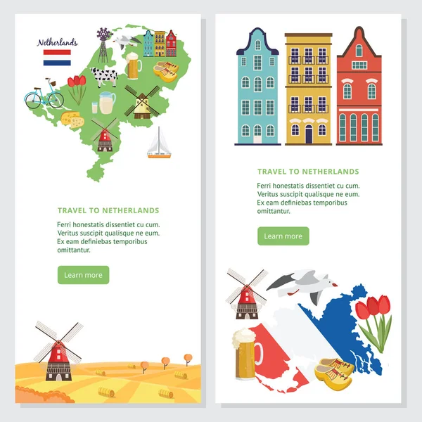 Viajar para cartões holandeses com símbolos holandeses, ilustração vetorial plana. —  Vetores de Stock