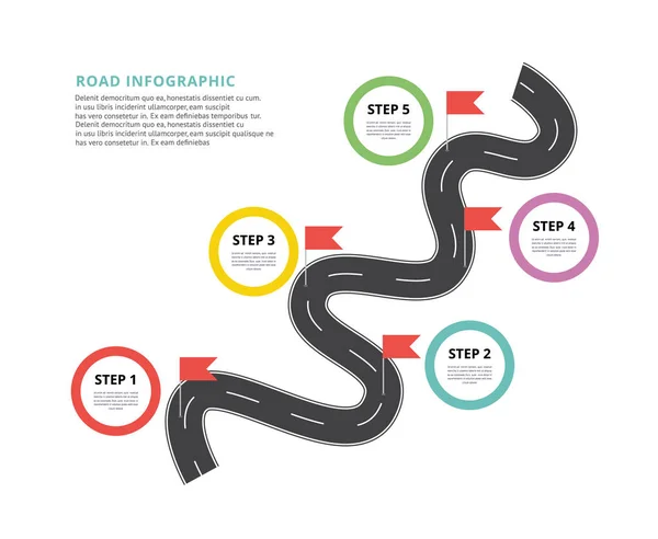 Winding weg met kleurlocaties wijzers voor zakelijke of reis route. — Stockvector