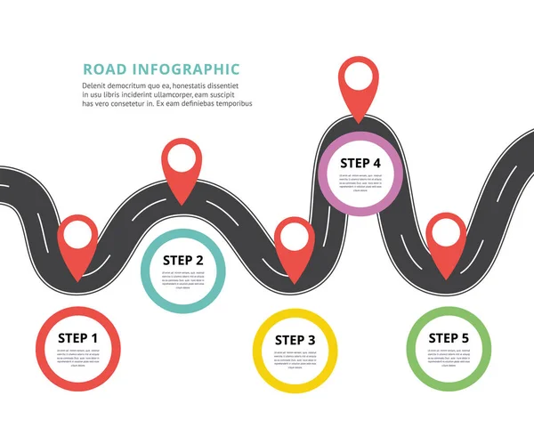 Infografis jalan dengan tanda-tanda pada kurva dari gambar vektor jalan raya terisolasi. - Stok Vektor