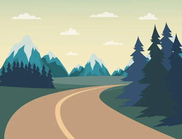 Carretera sinuosa, viaje o viaje en la naturaleza escénica una ilustración plana vector de dibujos animados — Archivo Imágenes Vectoriales