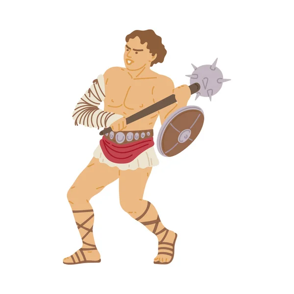 Kreskówkowy żołnierz z starożytnego Rzymu trzymający tarczę i kij kolczasty — Wektor stockowy