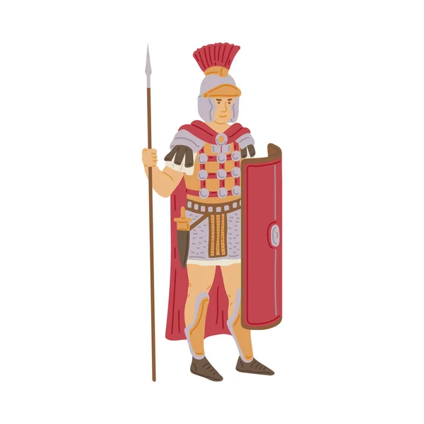 Soldat guerrier de la Rome antique en armure et bouclier - dessin animé homme isolé — Image vectorielle