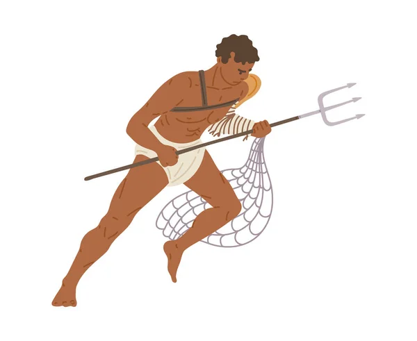 Fighting Roman gladiator with trident and net flat vector illustration isolated. — Stock Vector