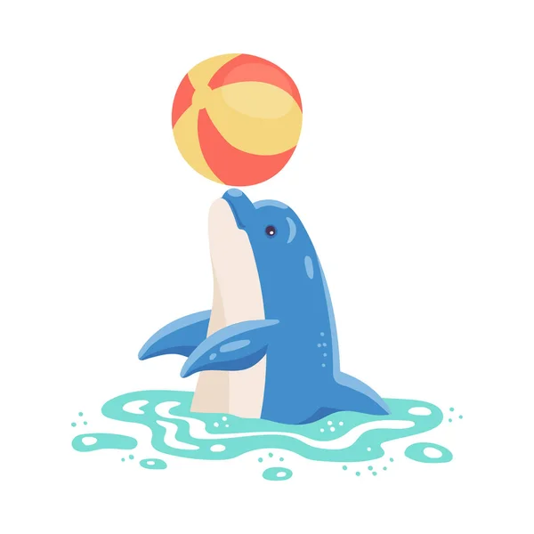 Delfín juguetón personaje de dibujos animados sosteniendo bola plana vector ilustración aislado. — Vector de stock