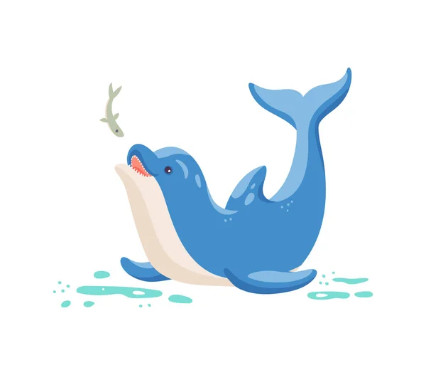 Desenhos animados azuis golfinho bonito está nadando e pescando na água uma ilustração vetorial — Vetor de Stock