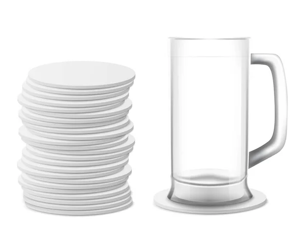 Caneca de cerveja e pilha de montanhas-russas de cerveja círculo, ilustração vetorial 3d isolado. — Vetor de Stock