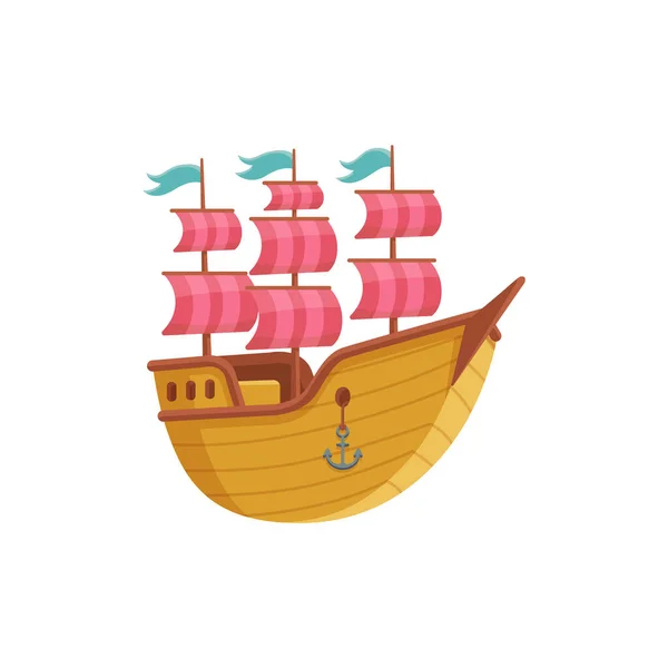Vintage sailing ship cartoon icon, flat vector illustration isolated on white. — Stock Vector