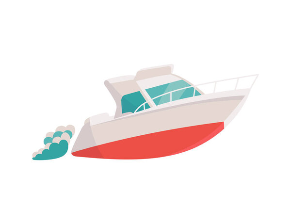 Small toy sea boat floating on waves flat vector illustration isolated on white.