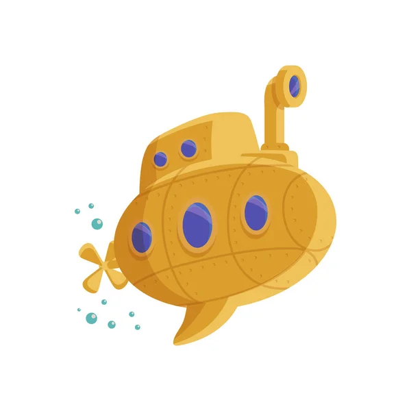 Nettes Spielzeug Cartoon gelb U-Boot flache Vektor Illustration isoliert auf blau. — Stockvektor