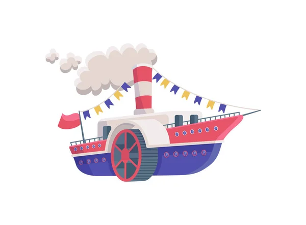 Dziecinna zabawka kreskówka parowiec statek płaski wektor ilustracja izolowane na białym. — Wektor stockowy