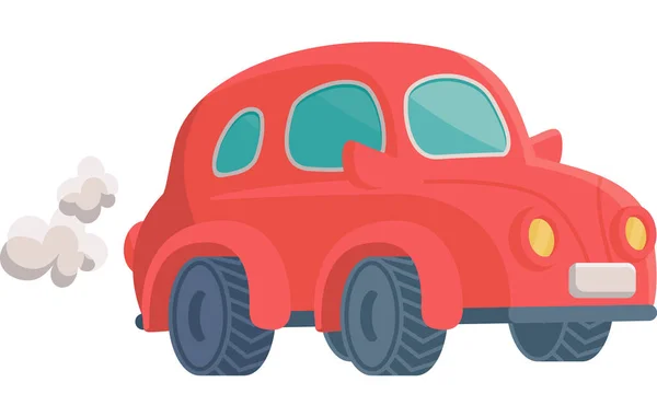 Grappig speelgoed auto blaast puffs van rook platte cartoon vector illustratie geïsoleerd. — Stockvector