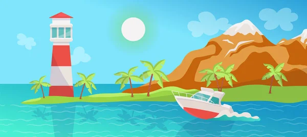 Tropischer Sommertag Meereslandschaft mit Boot, flache Cartoon-Vektor-Illustration. — Stockvektor