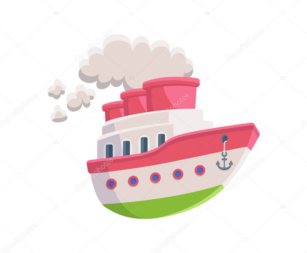 Cartoon steam boat or steamer ship flat vector illustration isolated on white.