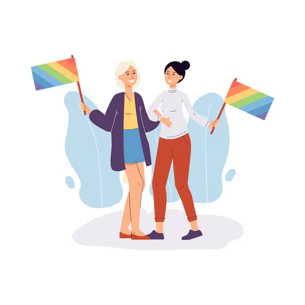 Lesbianas pareja abrazos celebración arco iris banderas plana vector ilustración aislado. — Vector de stock