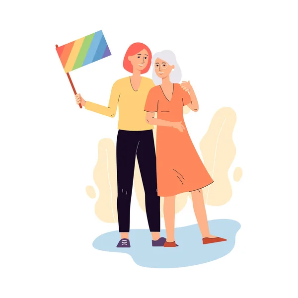 Mujer pareja lgbt con bandera del arco iris un vector plano ilustración aislada — Vector de stock