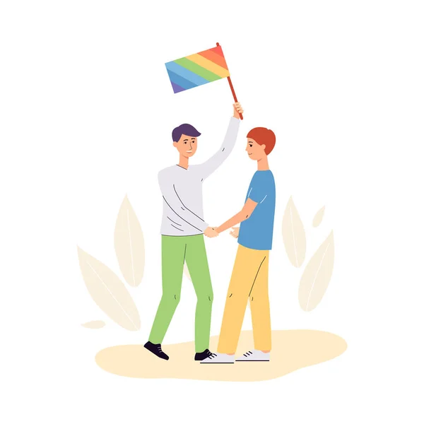 Gays ondeando con la bandera del arco iris de la comunidad LGBT, ilustración de vector plano aislado. — Vector de stock