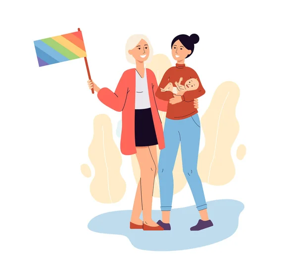 Pareja de padres lesbianas sosteniendo bandera de bebé y orgullo, familia LGBT de dibujos animados — Vector de stock