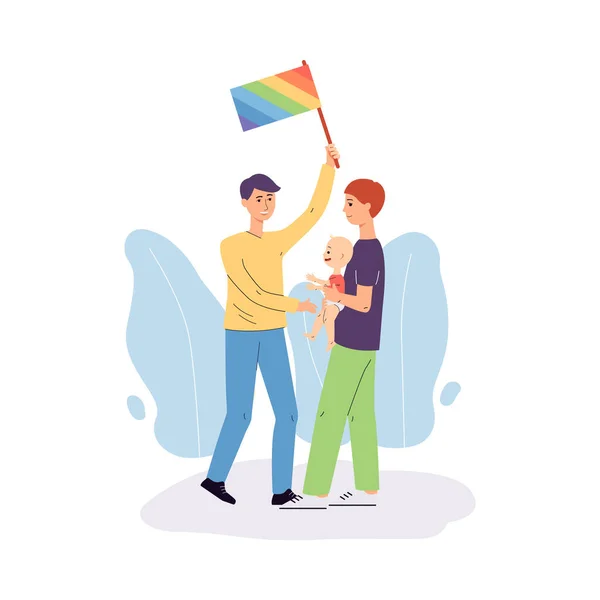 Feliz pareja lgbt del mismo sexo masculino con bandera de bebé y arco iris un vector de ilustración — Vector de stock