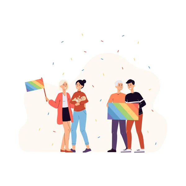 Parejas gays y lesbianas sosteniendo bandera del Orgullo LGBT - personas de dibujos animados — Vector de stock