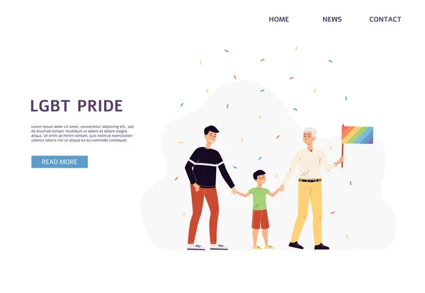 Lgbt pareja masculina con hijo una plantilla de landing page vectorial en estilo plano — Vector de stock