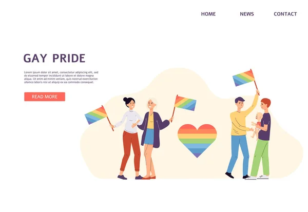 ゲイのプライドパレードのためのウェブバナーともに同性カップルフラットベクトルイラスト. — ストックベクタ