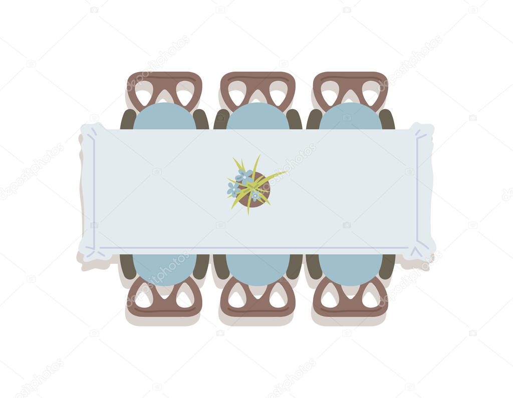 Top view on big dining table and chairs flat vector illustration isolated.