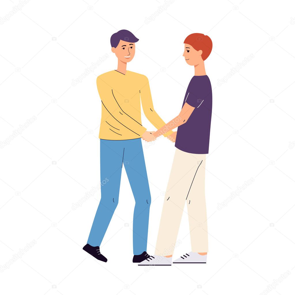 Gay homosexual couple hugging holding hands, flat vector illustration isolated.