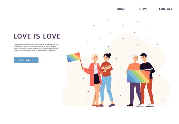 Web banner met mensen die deelnemen aan LGBT trots parade platte vector illustratie. — Stockvector