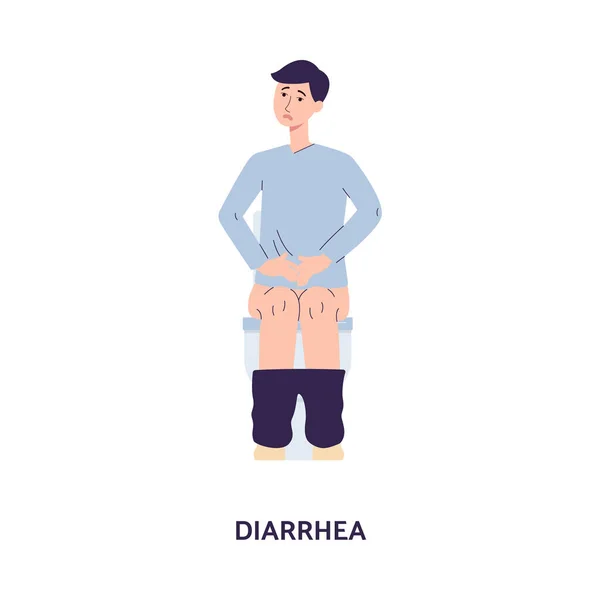 Diarree symptoom met man zittend op toilet, platte vector illustratie geïsoleerd. — Stockvector