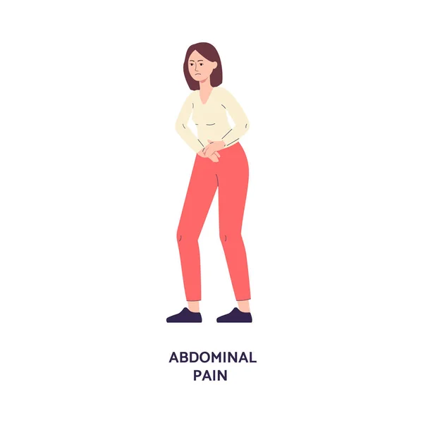 Vector illustration of young woman with symptom of food poisoning-abdominal pain — стоковый вектор