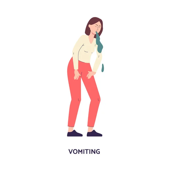 Young woman suffers from vomiting due to food poisoning a flat vector illustration — стоковый вектор