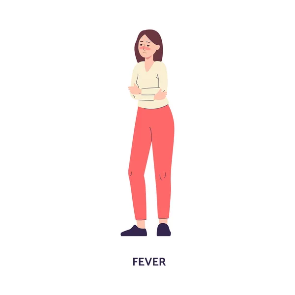 Mujer con fiebre de gripe o infección, ilustración vectorial plana aislada. — Vector de stock