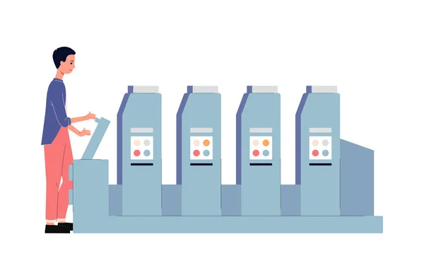 Homem trabalha com máquina de quatro cores offset na casa de impressão uma ilustração vetorial —  Vetores de Stock