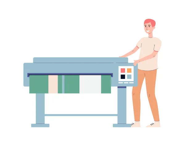 Male works with printing equipment in printing house a flat vector illustration. — стоковый вектор
