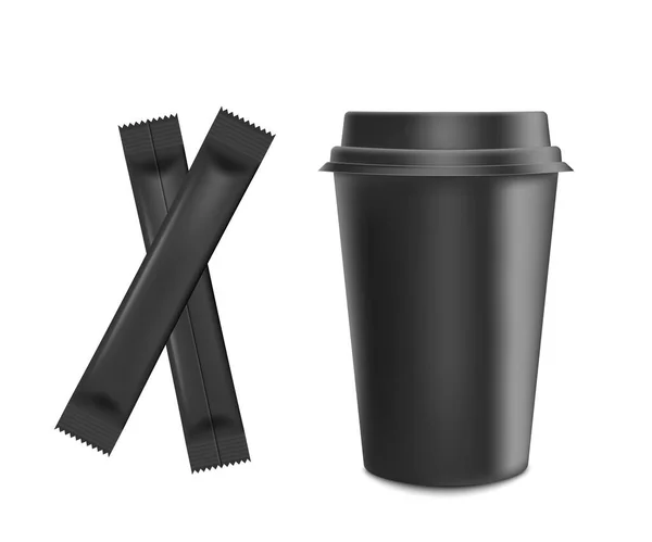 包装食品用的黑棍包和热饮料用的纸杯. — 图库矢量图片