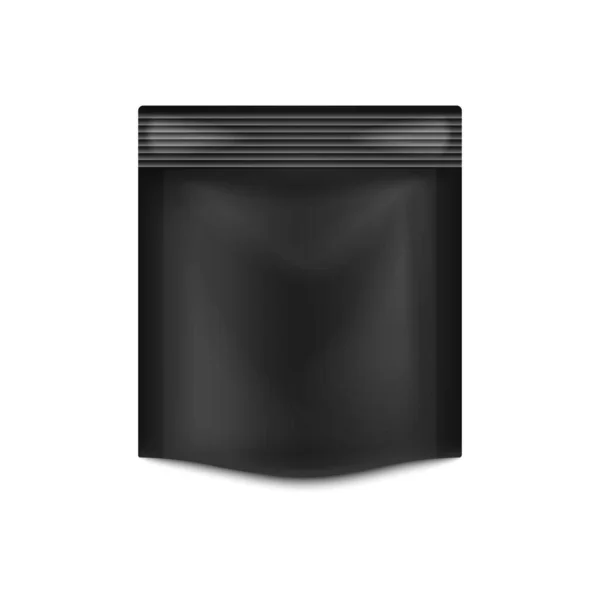Negro stand up pouch pack, mockup bolsa de embalaje de plástico realista — Vector de stock