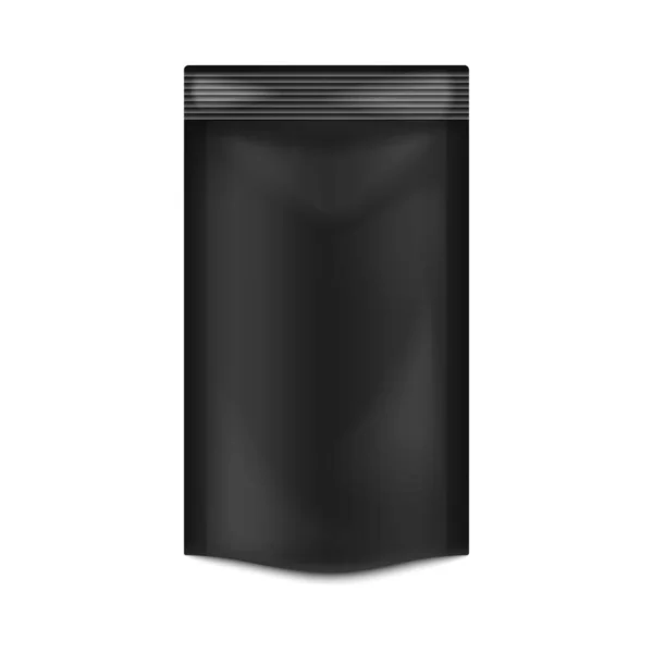 Doypack - schwarze Lebensmitteltasche aus Folie oder Kunststoff eine Vektor-3D-Illustration — Stockvektor