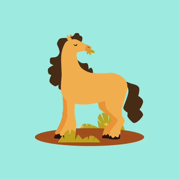 Karakter kartun poni yang berdiri di atas gambar vektor datar rumput terisolasi. - Stok Vektor