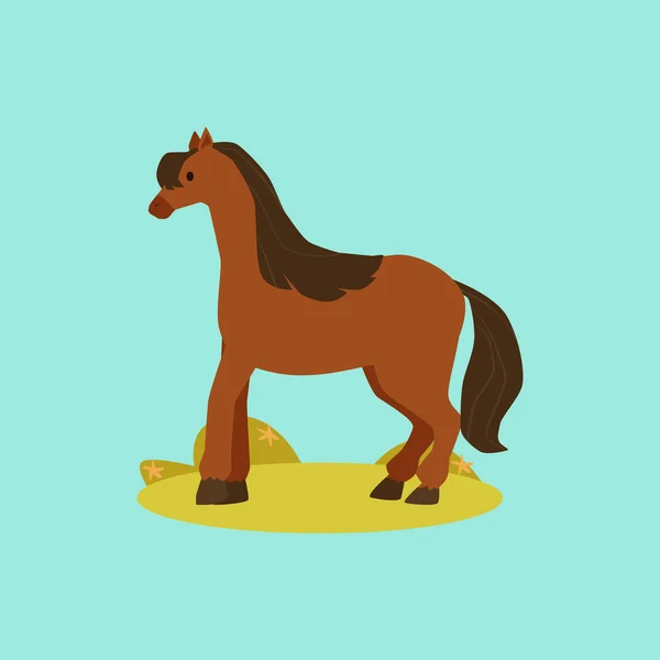 Pony marrón o mini caballo de pie sobre la hierba - animal de dibujos animados — Archivo Imágenes Vectoriales