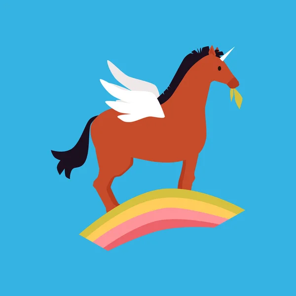 Cuento de hadas alado unicornio caballo de caballo de caballo de pie en el arco iris en el cielo — Vector de stock