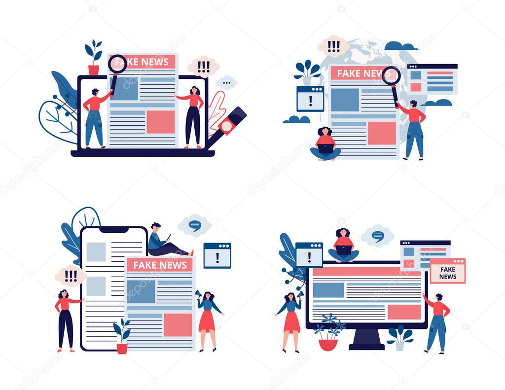 Set of fake news media press concepts, flat vector illustration isolated.