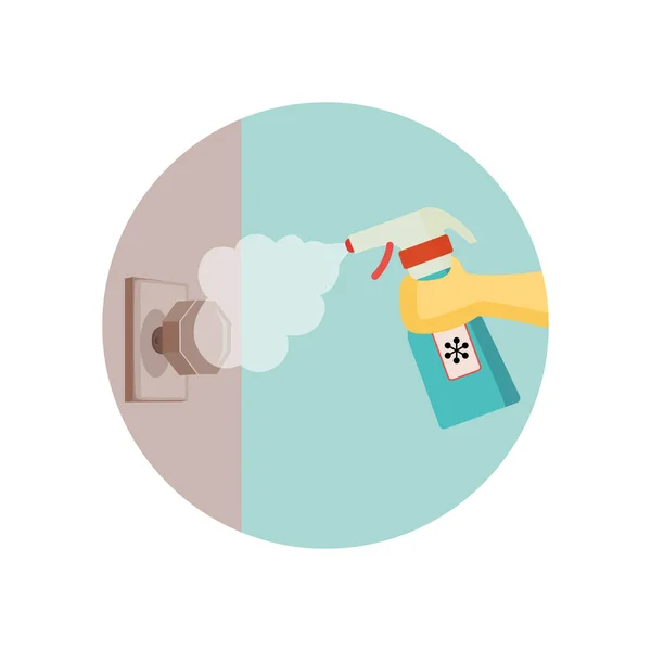 Maniglia della porta spruzzata con spray igienizzante per la prevenzione del virus. — Vettoriale Stock