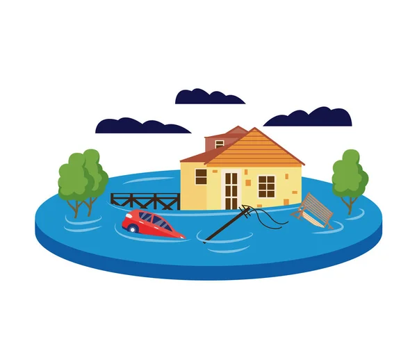 Concept d'inondation. Maison de dessin animé noyée dans l'eau à la suite d'une catastrophe naturelle — Image vectorielle